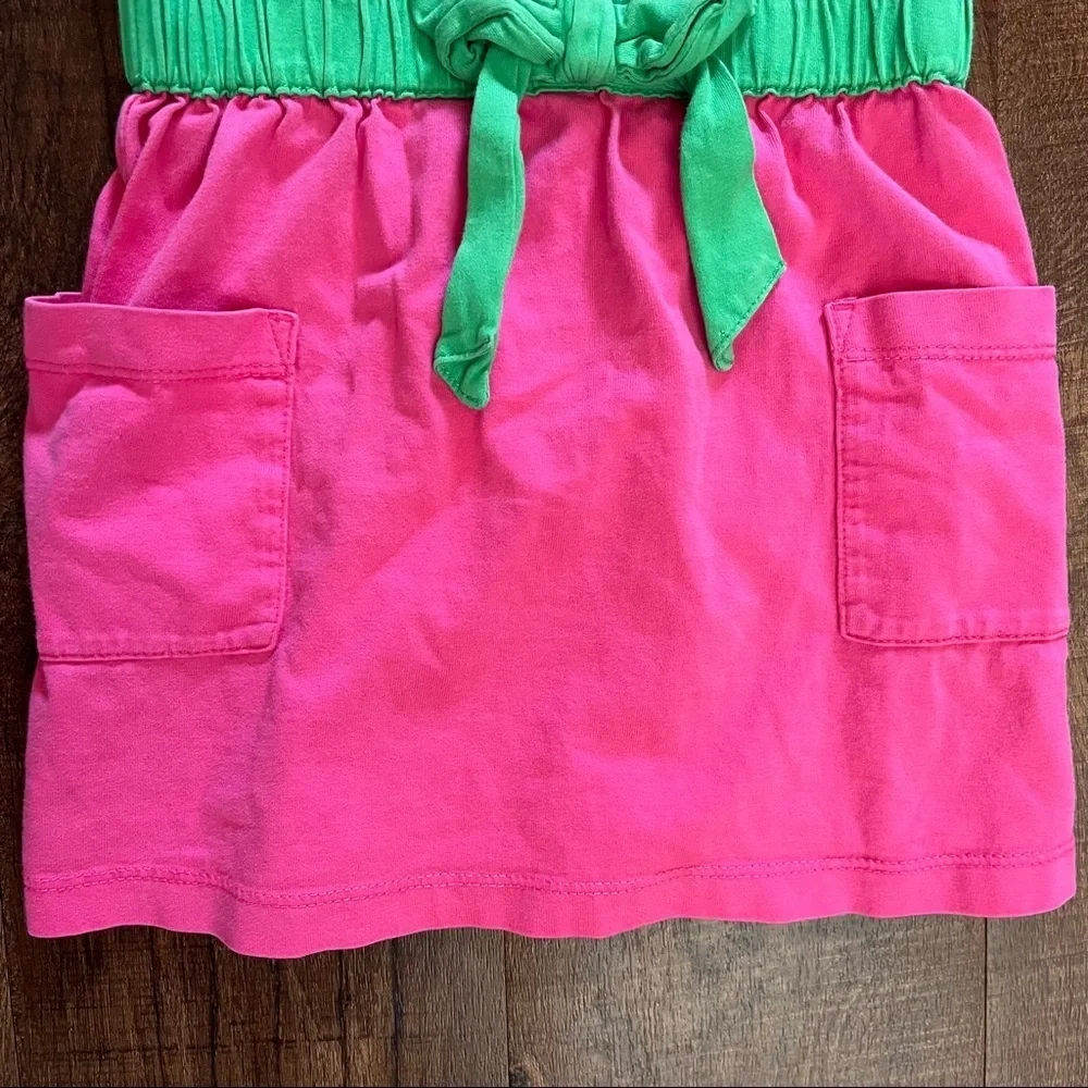 Hanna Andersson girls dress Sz 100/4 cotton pink green pocket bow elastic